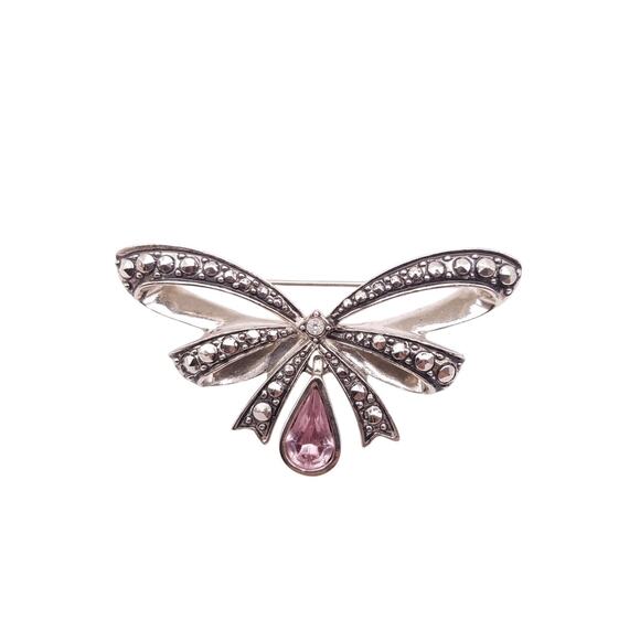 Vtg Avon Brooch Tied Bow Silver Tone Marcasite Pink Teardrop Dangle Rhinestone - Picture 1 of 5